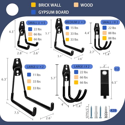 Black Heavy Duty Garage Storage Hooks 16 Pack - Wall Mount Organizer, Steel & Non-Slip Coated