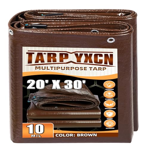 Brown Tarp 20x30 Feet, 10 Mil Waterproof Poly Tarp, Medium Duty, Reinforced Corners