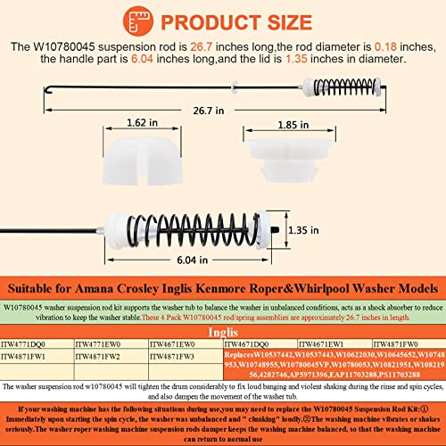 Beaquicy W10780045 Washer Suspension Rod Kit 4pcs for Whirlpool/Kenmore
