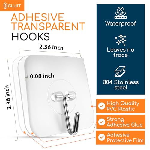 GLUIT Medium Adhesive Wall Hooks 12 pcs, Heavy Duty No Drill, 22 lbs Capacity
