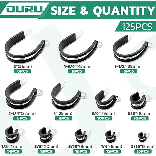 125PCS Cable Clamps Assortment Kit - Rubber Coated, 12 Sizes for Indoor & Outdoor Use