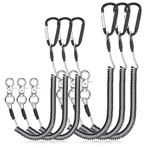 Woanger 6 Pack Fishing Lanyard Steel Wire Coiled Lanyard Tool Lanyards for Hand Tools Kayak Retractable Tool Leash Fishing Rod Safety Lanyards Gear with Alloy Clips for Pliers Boating