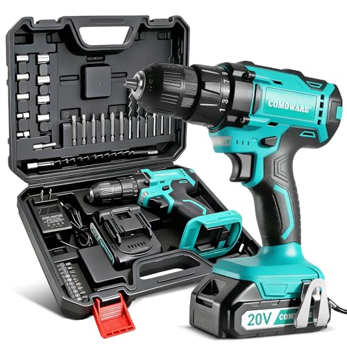 COMOWARE 20V Cordless Drill Set with Bits, Charger, Battery & Green Storage Case