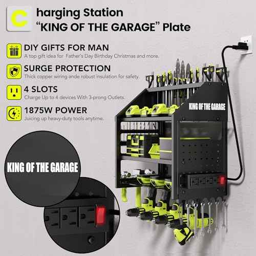 Power Tool Organizer Wall Mount with Charging Station ? King of the Garage, 4 Drill Holders, Heavy Duty Cordless Tool Rack with 4-Outlet Power Strip, Gifts for Him, Birthday Gifts for Men