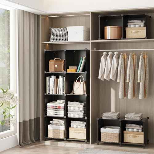 AWTATOS Cube Storage Organizer, Storage Cubes Shelves Bookshelf, 6 Cube Closet Organizers and Storage, DIY Stackable Plastic Clothes Organizer Shelving for Bedroom, Home, Black