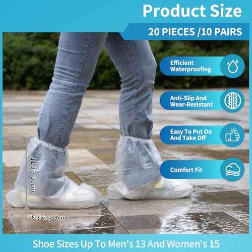 20 PCS Disposable Shoe Covers for Rain - Waterproof Shoe Covers, Non-Slip Overshoes for Men & Women, Plastic Boot Protectors Indoor Outdoor Use ? (10 Pairs) Clear