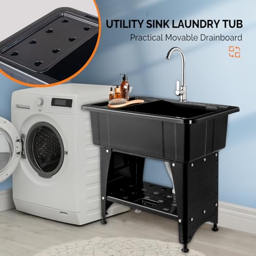 VINGLI Black 20-Gallon Utility Sink with Stainless Steel Faucet, Freestanding Laundry Tub 32W x 22D x 36H
