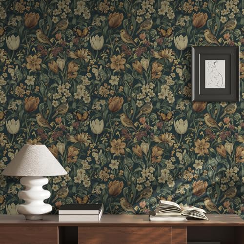 Yasinet 17.3"¡¿118" Green Peel and Stick Wallpaper Vintage Floral Wallpaper Dark Green Contact Paper Boho Floral Removable self Adhesive Wall Paper for Bedroom and Living Room Vinyl