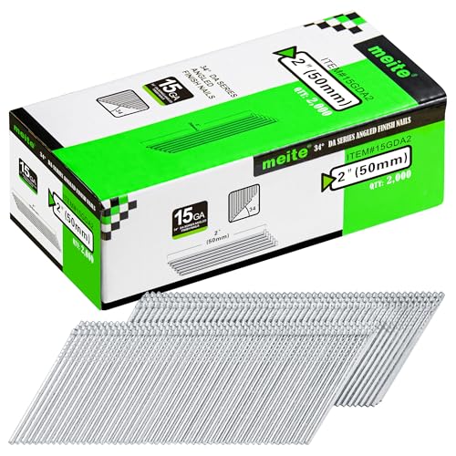 Meite 15 Gauge Angled Finish Nails 2 Inch 34 Degree Galvanized, 2000PCS - Compatible with Most Nailers