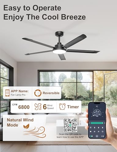 Ohniyou 60'' Black Industrial Ceiling Fan with Light, Remote & Dimmable LED