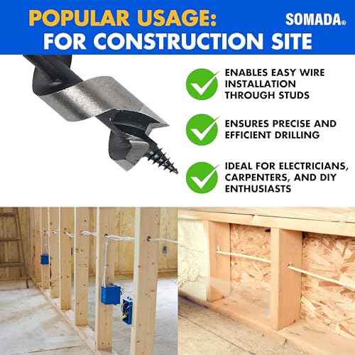 SOMADA 1/2-Inch x 6-Inch Auger Drill Bit for Wood, Quick Change Hex Shank 3/8-Inch One Piece, Ship Auger Long Drill Bit for Soft and Hard Wood, Plastic, Drywall and Composite Materials