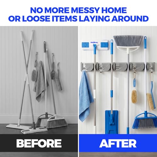 Holikme Silver Wall Mount Mop & Broom Holder with 4 Hooks, Metal Organizer