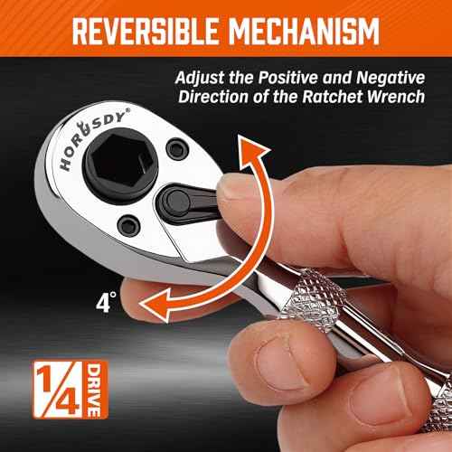 HORUSDY 1/4-Inch Stubby Ratchet Wrench Set, Chrome Alloy 90-Tooth Reversible 1/4" Drive Handle with Magnetic Bit Driver & 1/4" to 3/8" Adapter, Compact Socket Wrench for Tight Spaces, Auto, DIY