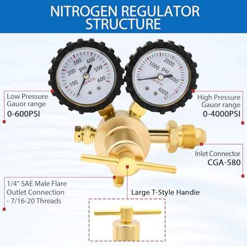 Nitrogen Regulator 0-600PSI CGA580 Inlet, 1/4-Inch Male Flare Outlet Connection,Heavy-Duty Handle,Self-reseating Relief Valve,Nitrogen Tank Regulator