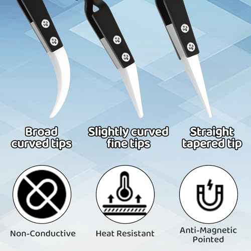 3 Pcs Precision Reverse Ceramic Tweezers Set - Non-Conductive Reverse Anti-Magnetic Solder Tweezers with Pointed & Curved Tips, Heat-Resistant Electronics Tool for Pinching Coils, PCB Repair (Black)