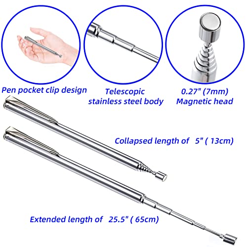 Telescopic Magnetic Pickup Tool Set, 10LB Magnet Pickup 30", 2LB Telescoping Pocket Magnet 25", Extendable LED Magnet Stick Tool 22" for Screws Nuts Pins
