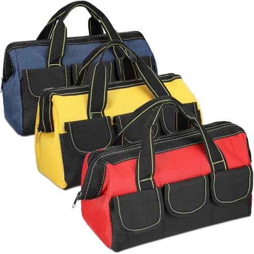 Sanwuta 3 Pack Tool Bag for Men with Waterproof Hard Bottom, Heavy Duty Tool Bag Wide Mouth Tote for Various Instrument, Electrician Carpenter Mechanic (18 Inch,Blue, Red, Yellow)