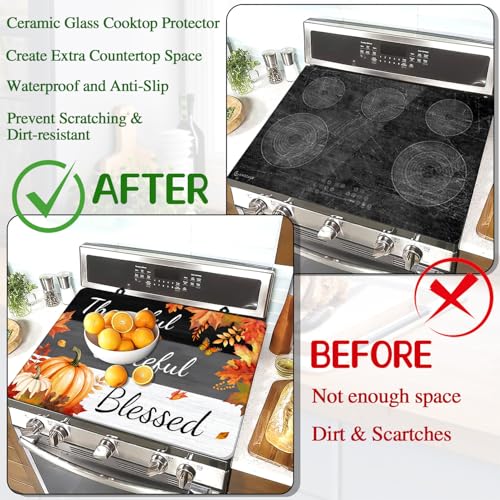ENCHAN 28x20 Inch Glass Top Stove Cover - Heat-Resistant, Black & Yellow Fall Leaves