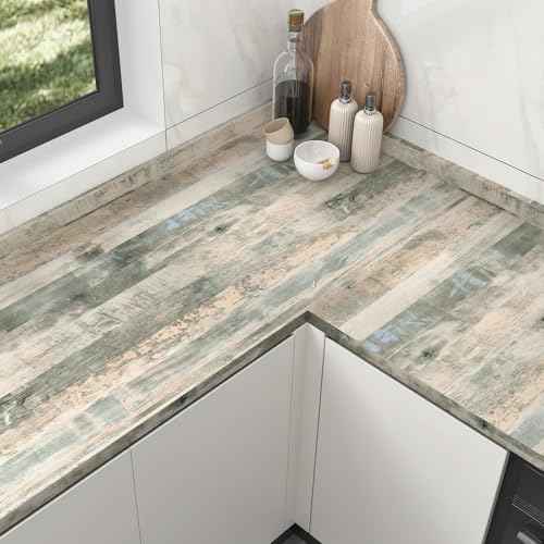 Wallercity Grey/Green Butcher Block Contact Paper Vintage Wood Grain Contact Paper Vinyl Wrap Countertop Peel and Stick Wood Wallpaper Self Adhesive Wooden Wallpapers for Cabinets Table 15.8''x78.7''