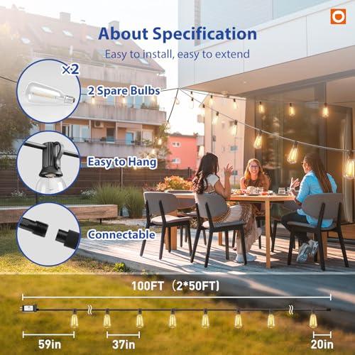 addlon 100FT Outdoor String Lights with 30 Sockets, Waterproof Dimmable LED with Remote