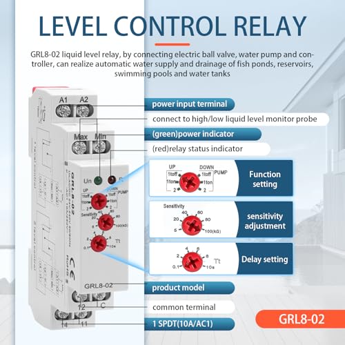 10A Liquid Level Control Relay GRL8-02 AC/DC 24V-240V Water Level Sensor Control Relay with 0.1S-10S Adjustable Time, Automatic UP and Down Liquid Level Controller with 5ft Detector Sensor