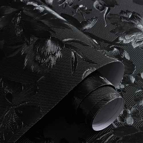 Black Peel and Stick Wallpaper Black Floral Wallpaper 15.7inch x 118.1inch Vintage Embossed Textured Contact Paper Embossed Self Adhesive Wall Paper for Cabinets Pure Flower Removable Vinyl