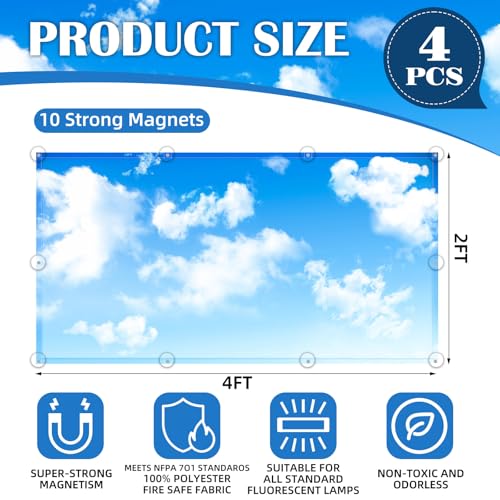ANGSYLTH Blue Skies & White Clouds Fluorescent Light Covers 4 Pack Flame Retardant