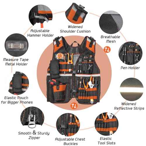 Electrician Tool Vest for Men, Reflective Safety Work Vest with Adjustable Thick Straps, Removable Phone Holder for Electrical, Carpenters, Construction, 22 Pockets