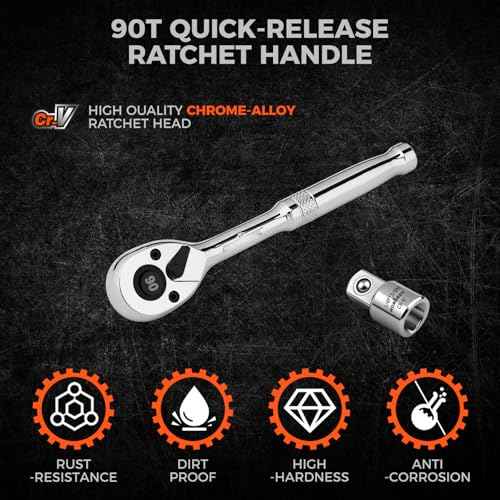 HORUSDY 1/4" Drive 90-Tooth Quick-Release Ratchet Handle with 1/4" to 3/8" Adapter, Reversible Thin Profile Socket Wrench, 4¡Æ Swing Arc, Ergonomic Anti-Slip Grip, Ideal for Auto, Bike & Home Repair