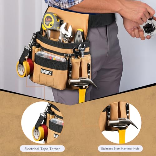 LEFOR·Z Black & Brown 14-Pocket Magnetic Tool Belt with Detachable Pouch for Electricians & Construction