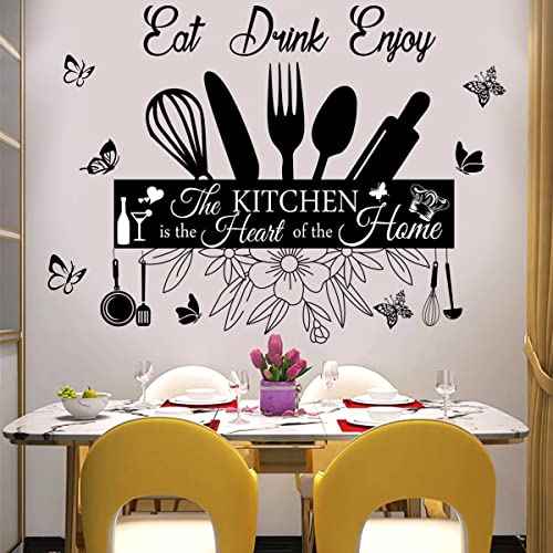 Wall Stickers - The Kitchen Is the Heart of Home Sign Decor, Eat Drink Enjoy Quotes, Removable DIY Vinyl Art for Living Room, Dining Room