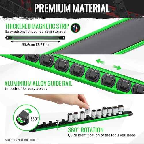 Magnetic Socket Organizer, 1-Piece Heavty Duty Aluminum Socket Holder, Socket Rail for Tool Box, Premium Quality 360¡Æ Swivel Socket Rack with 14 Clips for 3/8-Inch(Green)