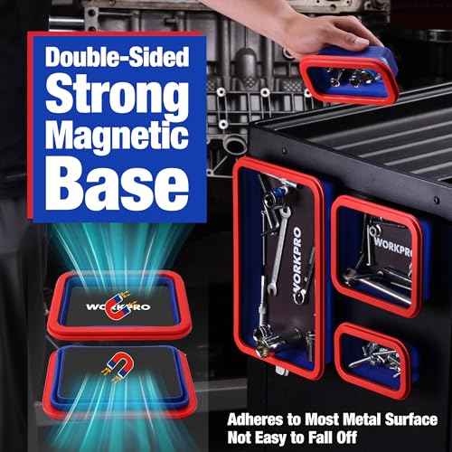WORKPRO 4PC Collapsible Magnetic Parts Tray Set, Double-Sided Magnet Bowl for Screws, Nuts, Pins, Foldable Bolt Tray for Garage, Maintenance, Silicone Mechanic Tools Gift for Man, 11 Inch & 6.3 Inch