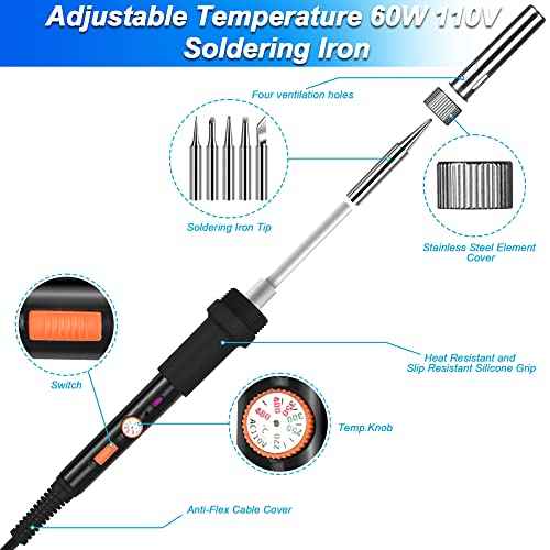 Soldering Iron Kit, 60W 110V Adjustable Temperature Soldering Iron with 5PCS Tips, Solder Wire, Stand, Welding Tool for Repair, Electric Repairing, DIY