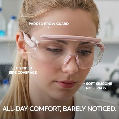 Pink UKNOW Safety Goggles Over Glasses Anti-Fog Protective Eyewear with Clear Wraparound Lens