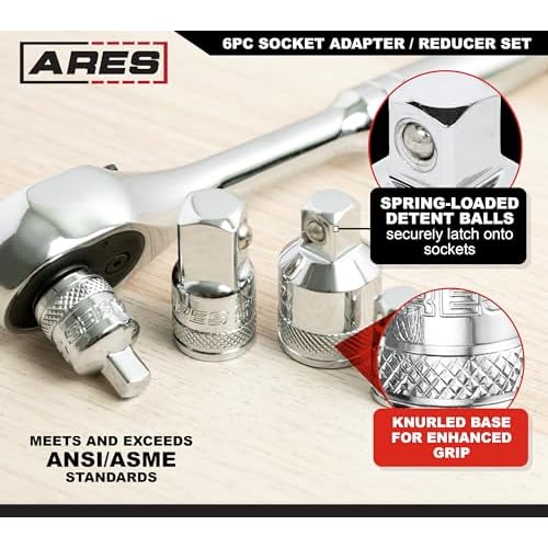 ARES 36017 ? 6-Piece Socket Adapter Set ? 1/4-Inch, 3/8-Inch, 1/2-Inch, and 3/4-Inch Socket Adapters and Reducers ? Premium Chrome Vanadium Construction Meets or Exceeds ANSI Standards