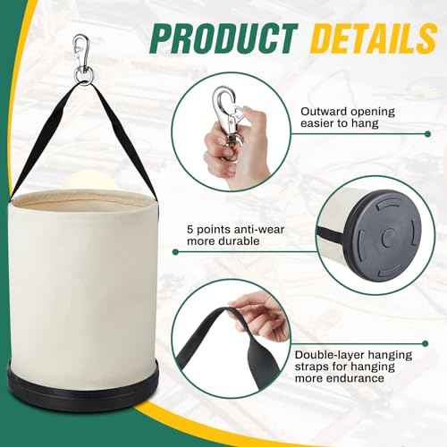 1 Pack Utility Canvas Tool Bucket 15" x 12" All Purpose Canvas Bucket Bag, Truck Tool Organizer with Plastic Bottom Metal Hook for Store Work Accessory, Load Capacity up to 150 Lbs (White)