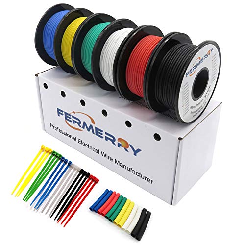 Fermerry 10FT 22 AWG Stranded Silicone Wire Spool - 6 Colors, Heat Shrink & Ties Included