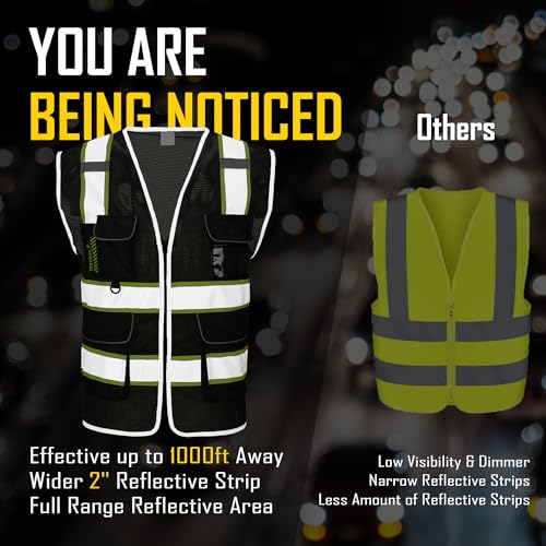 COOLJOB 9 Pockets Reflective Mesh Safety Vest for Men, Hi-vis Work Vest for Construction, Class 2 ANSI Standard, Black Yellow