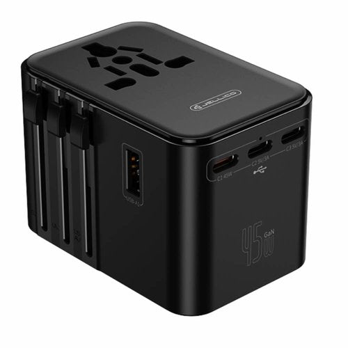 JELLICO Universal Travel Adapter, International Travel Plug Adapter with 3 USB-C (45W) ＆ 2 USB-A Ports, All in One Portable Adaptor, for USA, UK, EU, AU ＆ 200+ Countries (Black)