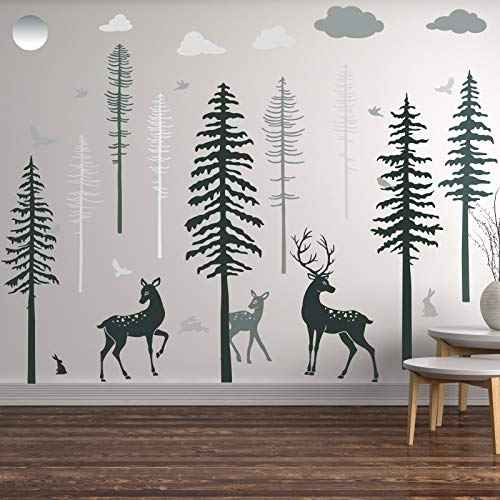 Zonon Wall Decal Forest Deer Wall Stickers Pine Tree Wall Decals Woodland Vinyl Wall Decor Sticker Decoration Bedroom Living Room Decor (15.7 x 35.4 Inch)