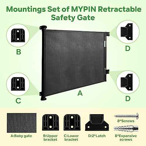 Retractable Baby Gate Replacement Parts Kit, Pet Gate Full Set Wall Mounting Hardware with Brackets Anchors and Screws(Black)