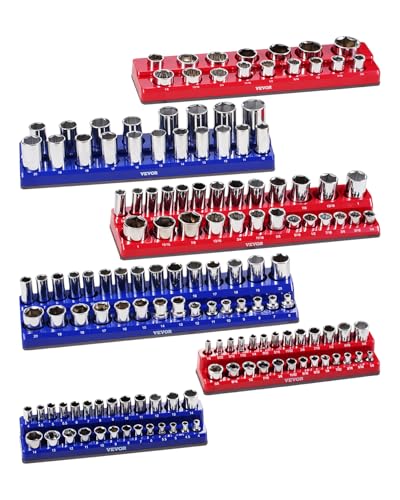 VEVOR 6PCS Magnetic Socket Organizer Set with Clear Labels, 1/4''-1/2'' Metric & SAE, Blue & Red Variation
