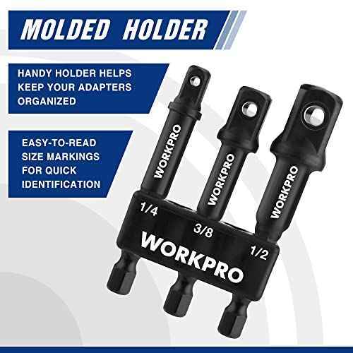 WORKPRO 3-Piece Socket Adapter Extension Set, 1/4, 3/8, 1/2-Inch Drive, 1/4-Inch Hex Shank, Impact Grade Extension Bit With Holder For Power Drill & Impact Driver