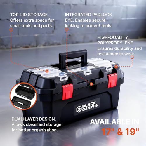 Black Canyon 17 Inch Plastic Tool Box - Dual-Layer, 44 lb Capacity, Top-Lid Storage (17 IN/PLAS)