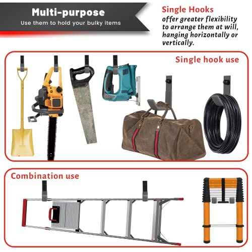 Garage Hooks for Hanging Heavy Duty, Ladder Hooks for Garage Wall Hanger, Metal J Utility Hooks, Shovel Holder Wall Mount Hooks, Garden Tool Organizer Storage for Helmet, Backpack-6Pack