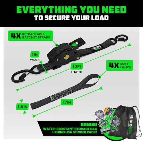 Rhino USA Retractable Ratchet Straps (4-Pack) - 1 Inch x 10 Feet (1,209lb Break Strength) - Auto Self Retracting Tie Down Straps for Truck, Cargo Trailer, Motorcycle, ATV, UTV - Black