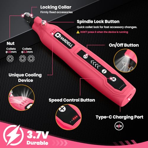 HARDELL Pink Mini Cordless Rotary Tool, Engrave Sand Drill for DIY Projects
