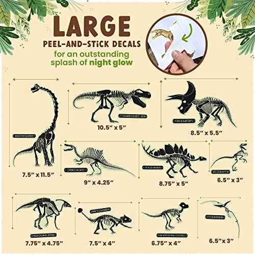 Glow in The Dark Dinosaur Fossil Wall Stickers - 10 Large Bright Wall Decals for Bedroom Walls and Ceilings - Glowing Decorations for Boys Room and Girls Room