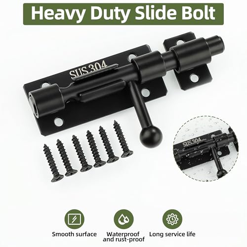 Alise 4 Inch Black Sliding Door Lock - Heavy Duty Stainless Steel Security Latch